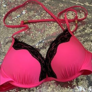 VS Pink Extreme Push Up Black Lace Pink Bikini Top